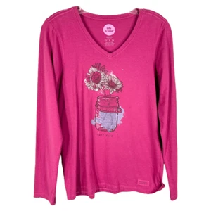 Life is Good Small Pink Long Sleeve Flowers in Jar Graphic Cotton V Neck 1495 - Picture 1 of 7