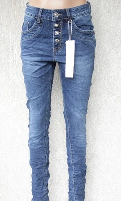 JEWELLY Damen High Waist Stretch Jeans Denim Dunkelblau Knopfleiste JW2547 - Bild 1 von 4