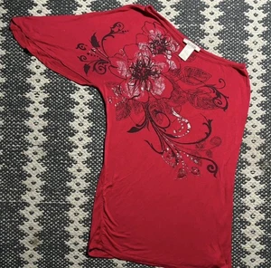 Y2K Red Graphic One Shoulder Vixen Tunic Sz L Nostalgic 90s - Picture 1 of 2