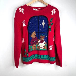 VTG 90s Lecomte Hand Knit Christmas Sweater M Teddy Bear AOP 3D Knit Red Granny - Picture 1 of 9