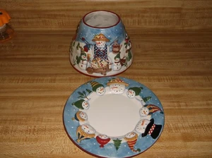 YANKEE CANDLE TOPPER W/PLATE~CERAMIC~SNOWMEN~TREES~Winter Fun - Picture 1 of 9