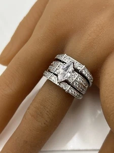 Marquise Cut CZ Sterling Silver Trio Wedding Engagement Ring Set Women Sz 10 3pc - Picture 1 of 15