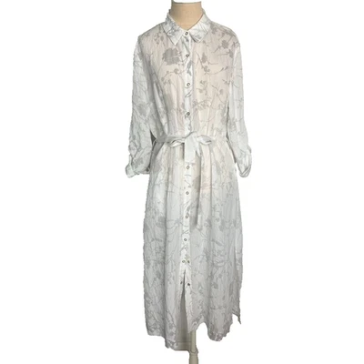 Tahari Shirt Dress L Semi Sheer Button Midi Floral Slit Hem Belted Long Sleeve - Image 1 of 4