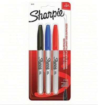 Sharpie 30173Pp Permanent Marker Set, Black, Blue, Red, Fine Tip, 3 Pk