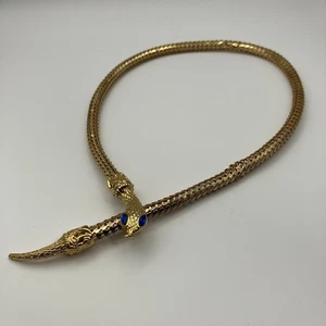 Vintage Gold Tone Snake Mesh Necklace / Choker with Blue Eyes 20" Length /Flaw - Picture 1 of 10