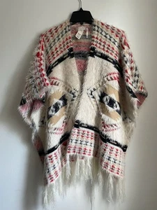 Free People Open Fringe Cardigan Sweater Poncho Fuzzy Native American Design - Picture 1 of 3