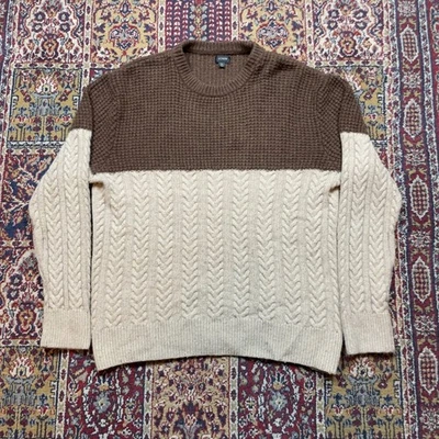 J Crew Mens XL Brown Beige Cable Knit Merino Wool Blend Sweater two tone fisher - Image 1 of 4