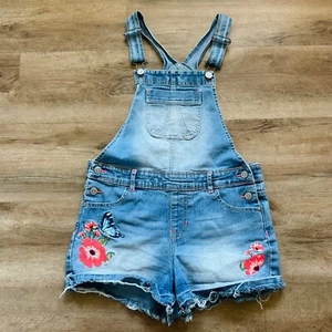 Jordache Overalls Girls XL 14 16 Denim Jean Blue Shortalls Embroidered Flowers - Picture 1 of 10