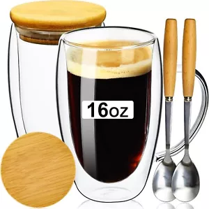 Double Wall Glass Coffee Mugs 16OZ with Bamboo Lid/Spoon Glass Coffee Cups Set - Picture 1 of 7