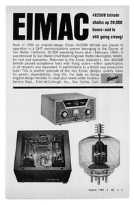 Anuncio impreso revista radioaficionado CQ para EIMAC 4X250B Tetrodo 20.000 horas (8/64) - Imagen 1 de 1