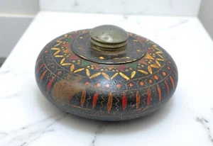 Boîte À Tabac En Bois Ronde Antique Originale Ancienne Artisanale Peinte - Picture 1 of 6