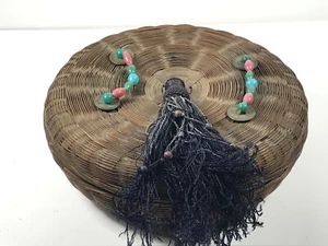 Vintage 8.5" Wicker Sewing Backet asian coins beaded tassle - Picture 1 of 11