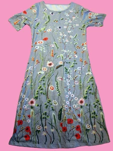 UNBRANDED pull-on stretch short sleeve grey floral midi T-shirt dress M (12)! - Picture 1 of 7