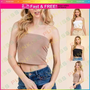 Womens Basics Solid Double Layered Tube Stretchy Strapless Casual Crop Top - Picture 1 of 8