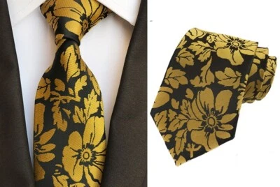Nueva Corbata Clásica Para Hombre Floral Dorada Negra TEJIDA JACQUARD 100% Seda Foto 1 de 2