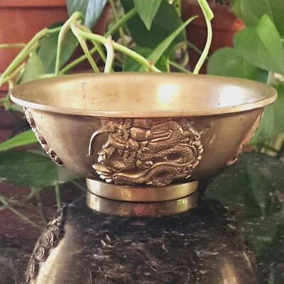 Vintage Chinese Heavy Brass Dragon Design Bowl 7.25" Raised Relief - Image 1 of 4