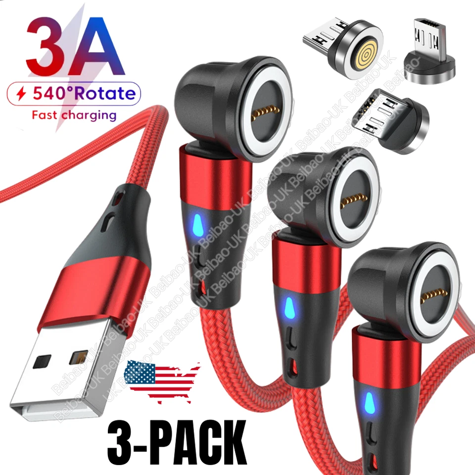3 Pack 540° Rotate Magnetic Phone Cable Micro USB Charger For Samsung Android LG - Image 1 of 4