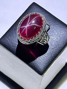 Elegant Men Silver 925 Ring Genuine Star Ruby Stone Handmade Design ياقوت نجمي - Picture 1 of 15