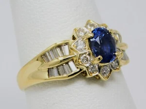 18 kt Yellow Gold Halo Diamond Natural Sapphire Band Ring Size 6.5 B6702 - Picture 1 of 7