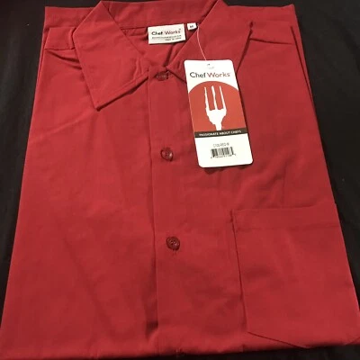 Chef Works Men's Red Cafe Short Sleeve Button Down Shirt ~ Medium ~ NWT - Image 1 of 3