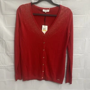 NWT Calvin Klein Red Cardigan Sweater with Gold buttons Gold Studs Size Small - Picture 1 of 9