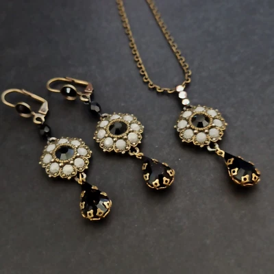 Michal Negrin Set Black Flower With Swarovski Crystals Gothic Gray Cocktail Drop - Image 1 of 4