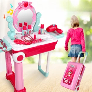 Kids Dressing Table Mirror Pretend Play Beauty Makeup Vanity Suitcase Toy Set - Picture 1 of 17