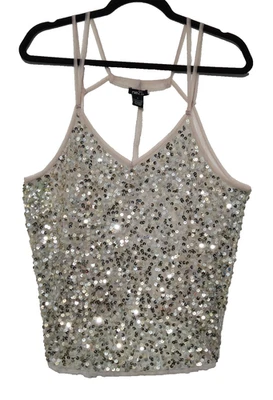 Vtg Y2K Sheer Pink Tank Top Camisole Large Silver Sequins Mesh Fairy Whimsy Boho - Image 1 of 4