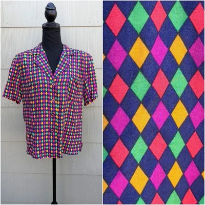 Blusa Top De Colección Años 80 90 Payaso Arlequín Colorido Con Botones Manga Corta Foto 1 de 4
