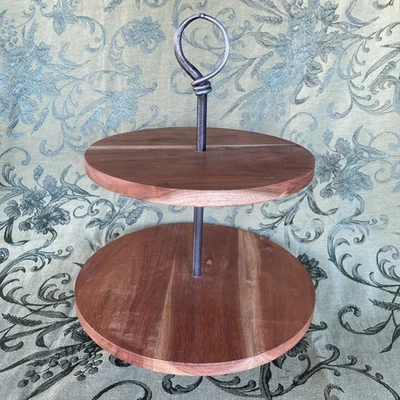 Two Tier Solid Wood Heavy Silver Metal Tray 15” Tall Diameters 12” And 10” - Image 1 of 4