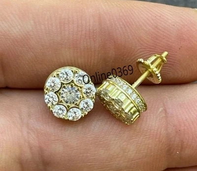 Men's New Design Screw Back Earring Genuine Moissanite Yellow Gold Plated Silver - Image 1 of 4