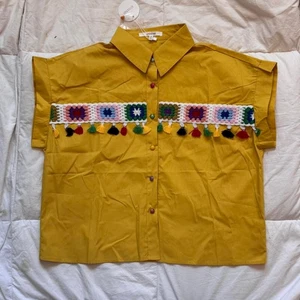 Pastell Häkel Patchwork Knopfleiste Hemd M Quaste Kragen Academia Artsy Boho - Bild 1 von 8