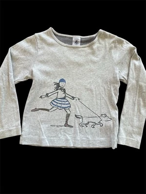 Petit Bateau EUC Grey/Blue Girl Walking Dog Cotton Knit Long Sleeve Top-6 Years - Image 1 of 4