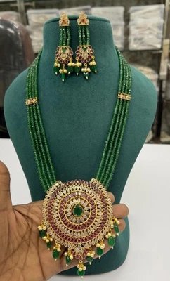 Conjunto de cuentas de ónix victoriano con acabado Mehandi Polki hechas a mano con pendientes joyería Foto 1 de 4