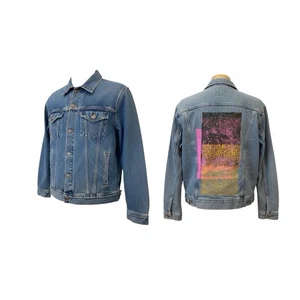 Lee Riveted Denim Trucker Jacket Men Medium Blue Painted Graphic Vtg Vintage - Picture 1 of 11