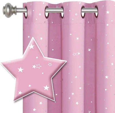 Cortina opaca rosa con estrellas plateadas para habitación infantil 1 panel Foto 1 de 4