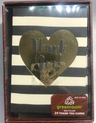 Greenroom Recycled Gold Heart Thank You Cards Black and White Stripe 24CT - NEW - Image 1 of 2