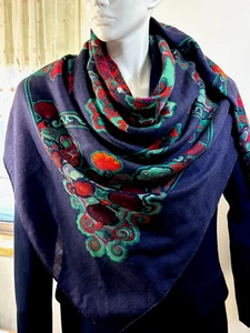 VTG HERMES ANEMONE Carre 140 Cashmere Silk Shawl Stole Scarf Navy blue #m4833 - Picture 1 of 10