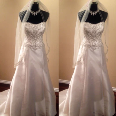 Vintage Satin Wedding Dresses Strapless Sweeo Train Beaded Classic Bridal Gowns - Image 1 of 4