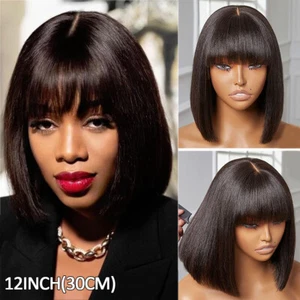 12" Short Yaki Wig Straight Bob Wigs Lace 100% Women Remy Human Hair Wigs Black - Picture 1 of 9