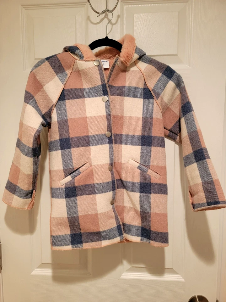 Girls Pink and Blue Plaid Hooded Coat by Mayoral, UK Faux Pink Fur Lining Sz 7 - Image 1 of 4