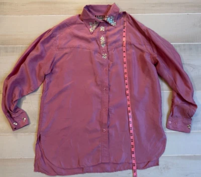 Wanted by Beads Beautiful western pink silk button front top shirt    XS women's - Image 1 of 4