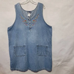 True Blue SIZE 3X 22-24 Womens Denim Jumper Dress FLORAL Embroidered Front Vtg - Picture 1 of 8