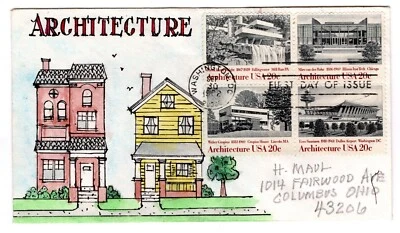 #2019-22 Architecture  Block/4 FDC - Herman Maul Hand-painted 1982 - Image 1 of 2