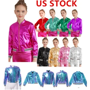 Kids Girls Sparkly Metallic Bomber Jacket Long Sleeve Jazz Hip Hop Outerwear - Picture 1 of 95