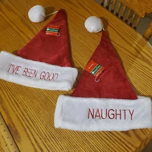 2 Cappelli Babbo Natale Merry Brite Cattivi e sono stato buono rosso peluche lettere ricamate - Foto 1 di 4