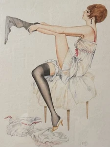 Vintage Pin Up Lithograph Framed By Jems,  Lady & Stockings; 10.5 by 8.5" - Picture 1 of 8