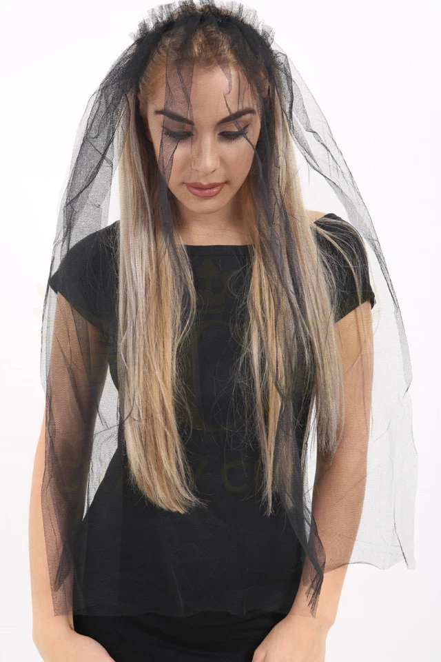 Ladies Fancy Dress Black Halloween Zombie Bride Wedding Costume Veil Headband  - Image 1 of 2