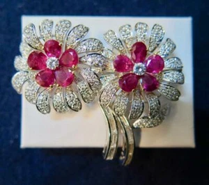 Exceptional Quality Pear Cut 4.17CT Ruby & 3.25CT Shiny CZ Double Flower Brooch - Picture 1 of 3
