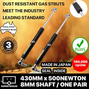 2x gas struts 430mm 500N (8mm shaft) CAMPER TRAILER CARAVAN CANOPY Toolbox STRUT - Picture 1 of 4